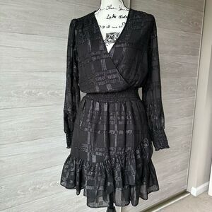 Michael Kors Black Shiny Plaid Smocked Waist Mini Dress XS NWT